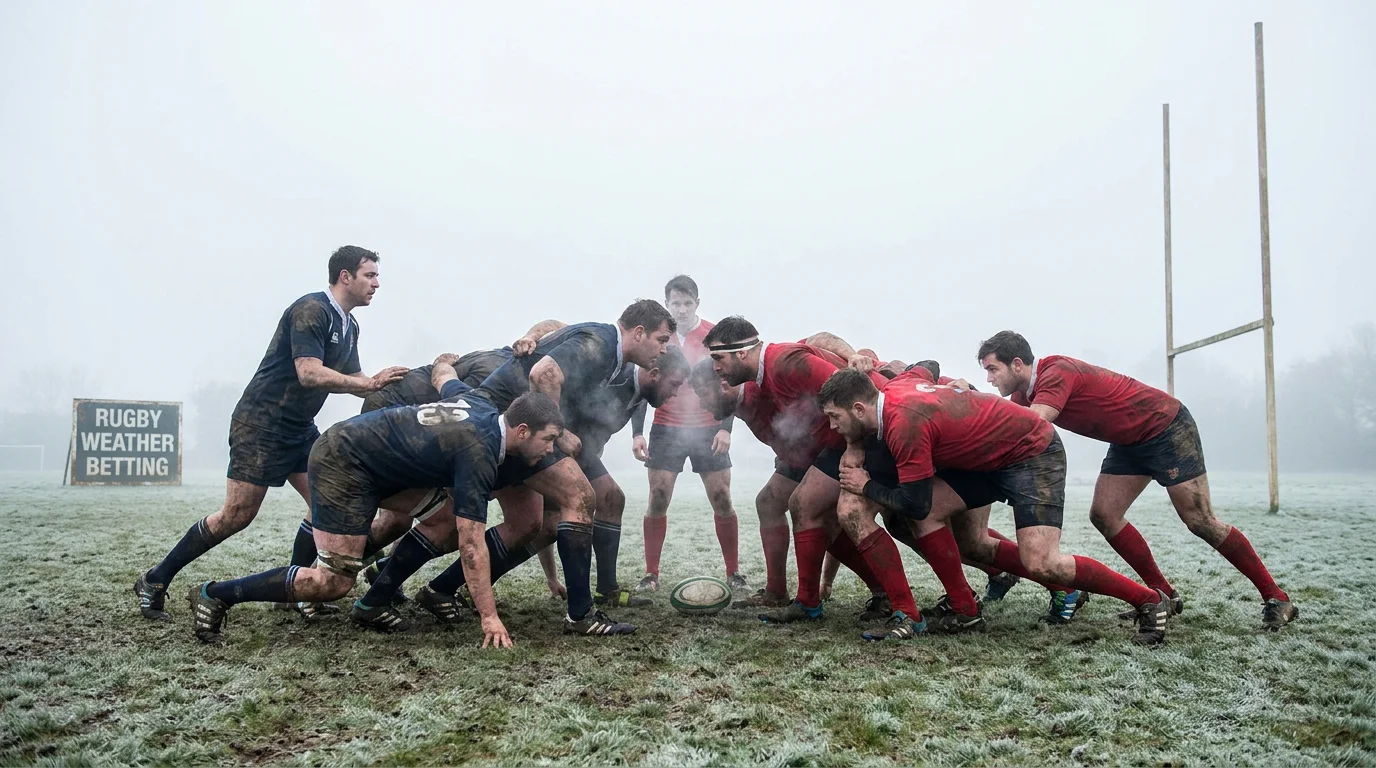 Rugby forwards forming scrum in steam-laden cold-weather conditions