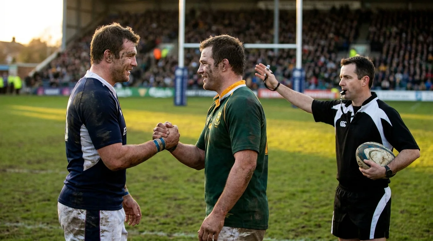 Rugby union players from both teams shaking hands after the final whistle in a closely contested match