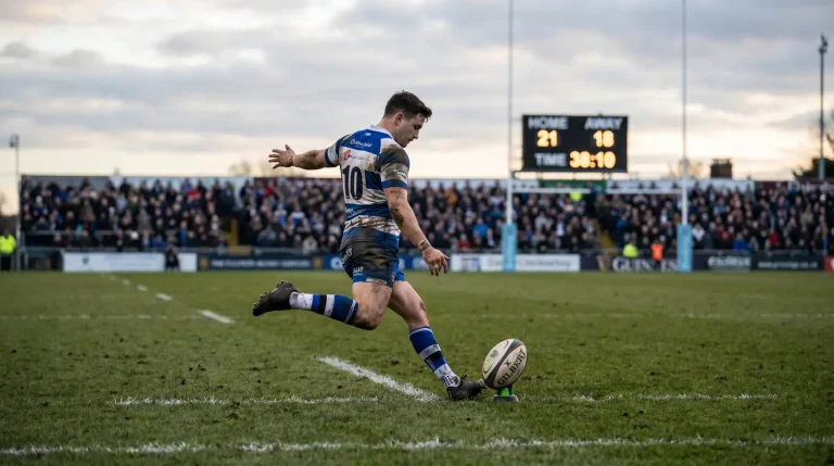Rugby fly-half striking a conversion kick with stadium crowd behind