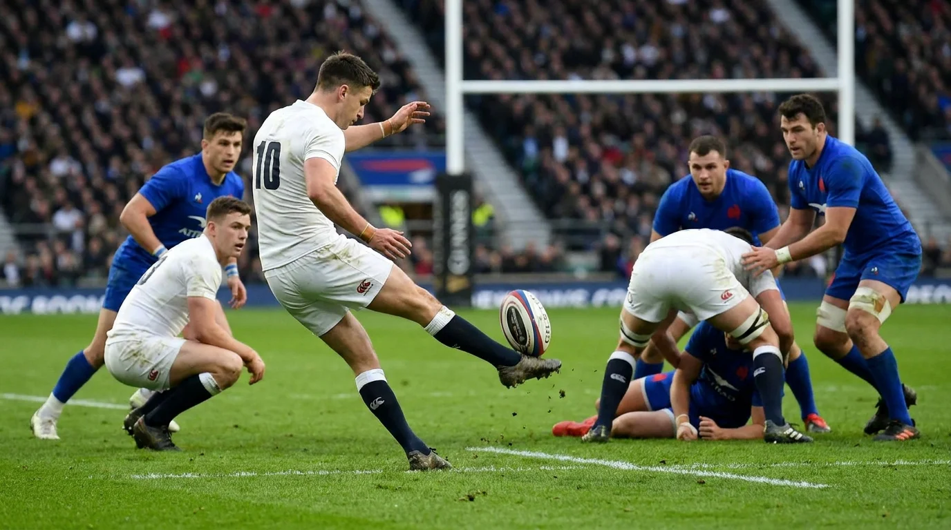 Rugby union fly-half executing a tactical box kick downfield during an international match