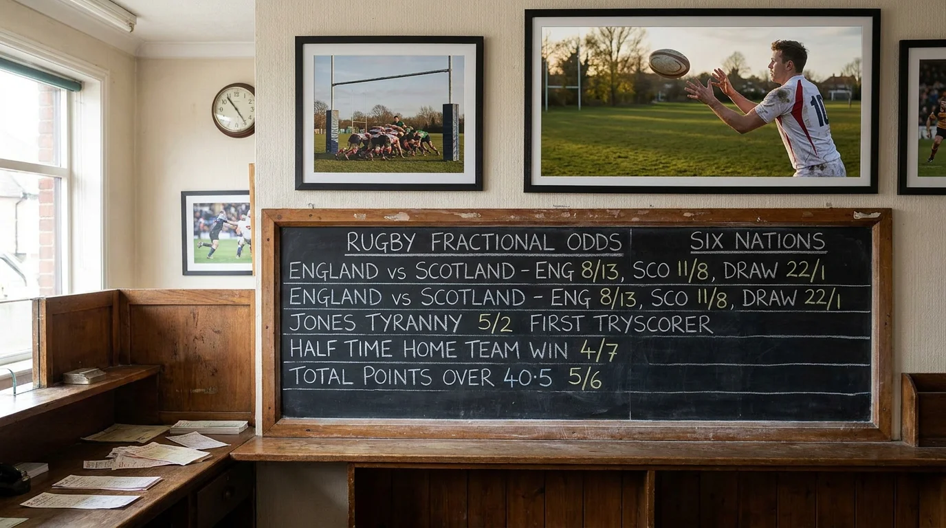 Rugby fractional odds displayed in traditional UK betting shop board
