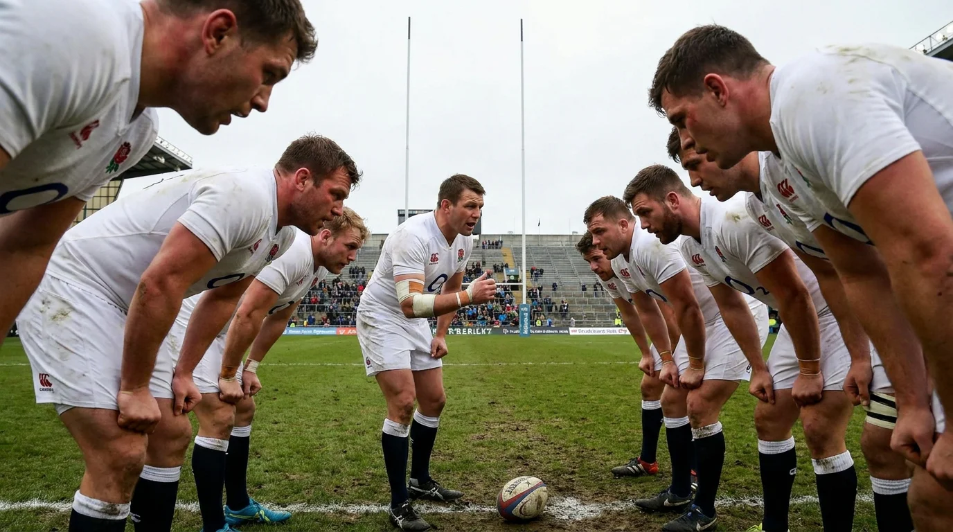 Rugby union team in a half-time huddle on the pitch listening to the captain during an international match