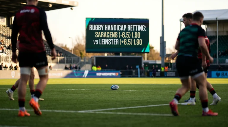 Rugby handicap betting line shown on stadium video board pre-match