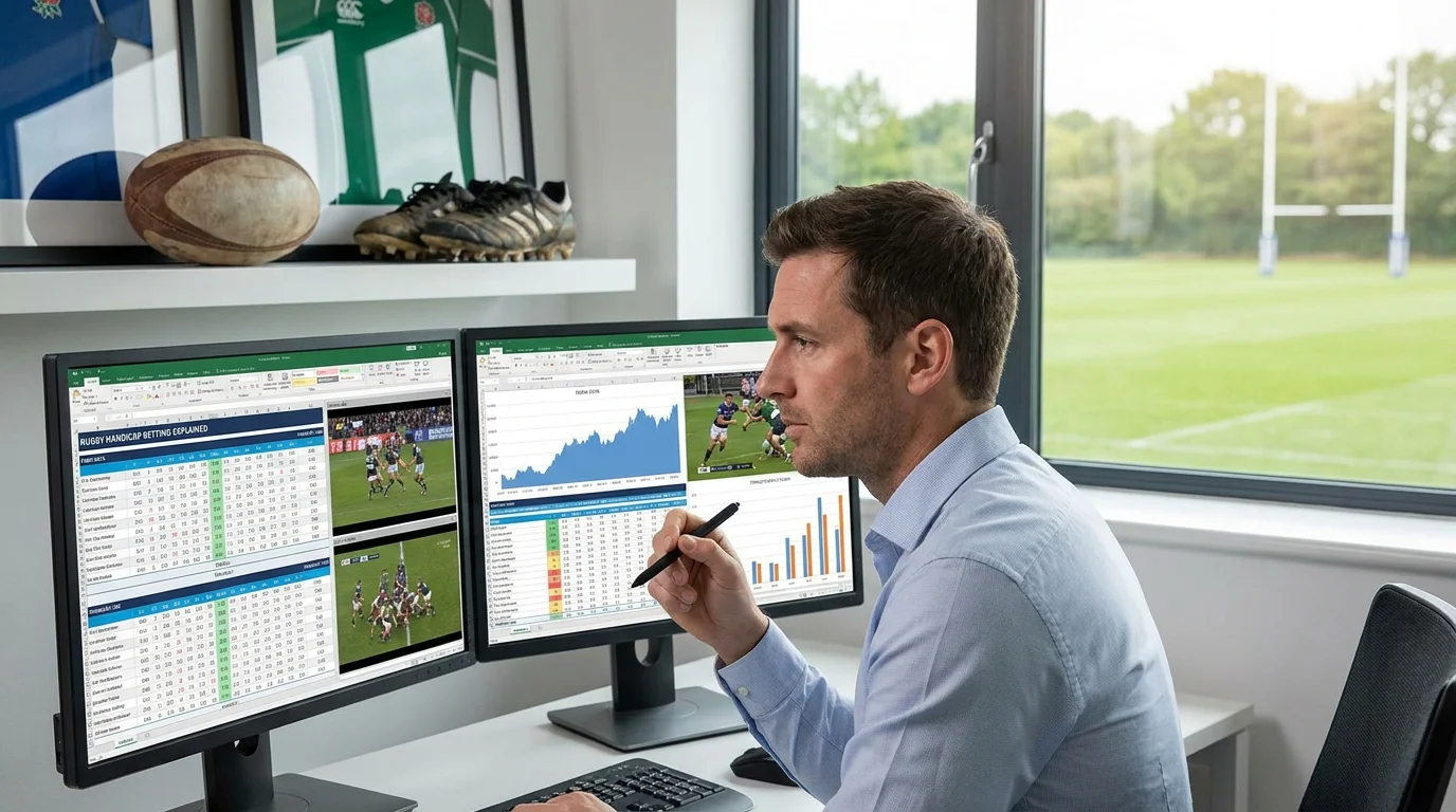 Rugby trader building handicap line from form data on dual screens