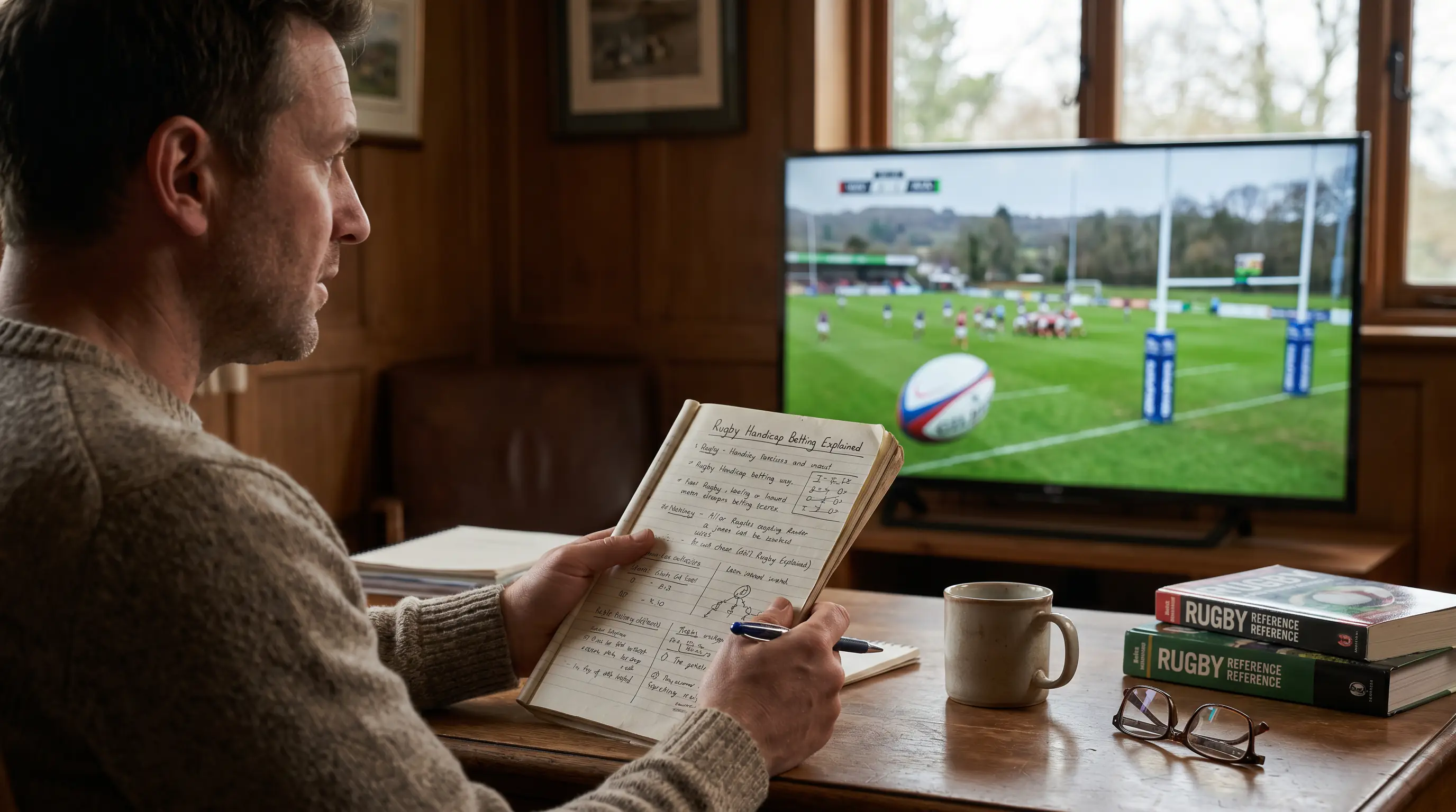 Rugby bettor reviewing handicap strategy notes at desk with match in background