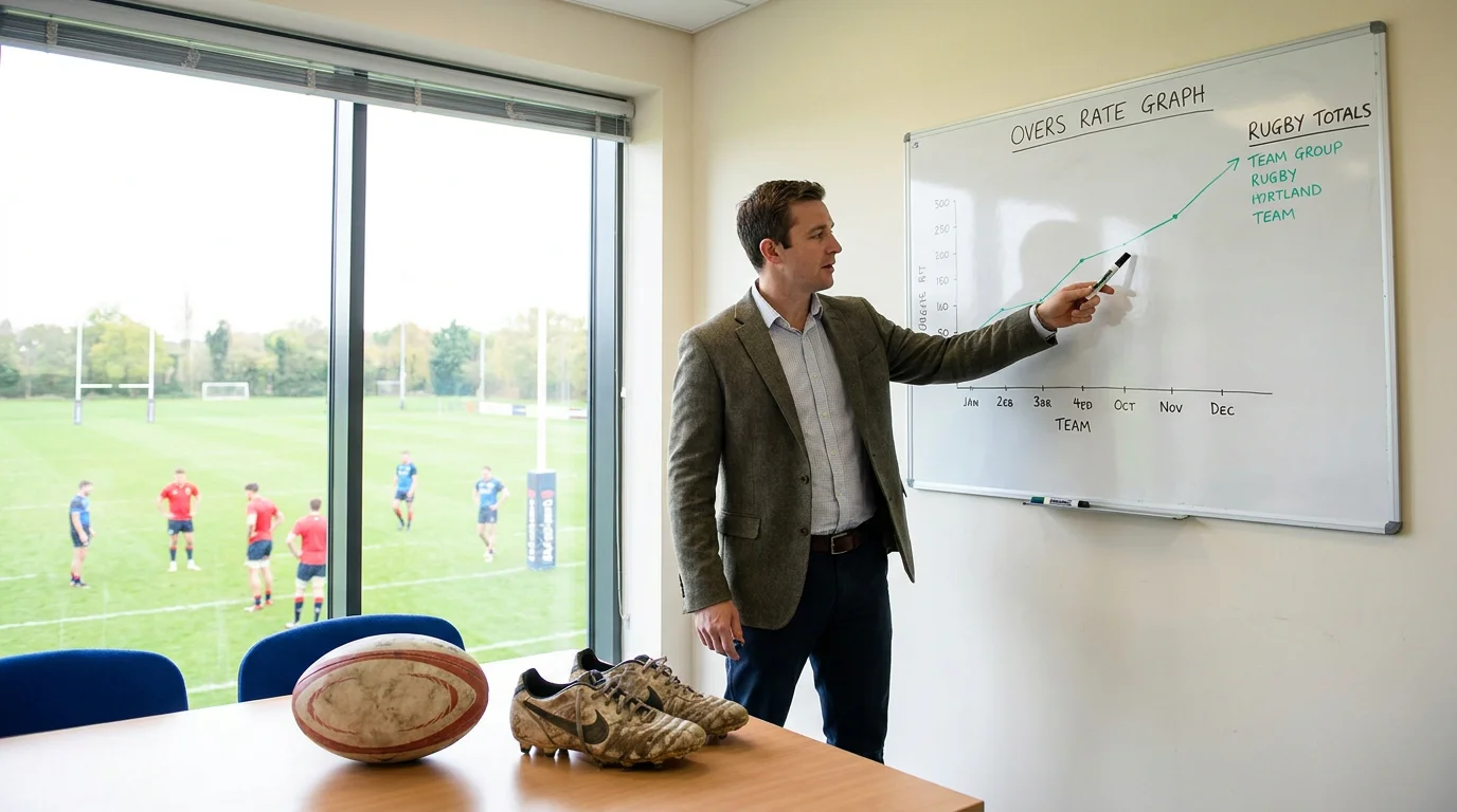 Rugby analyst pointing at simple overs rate graph on whiteboard