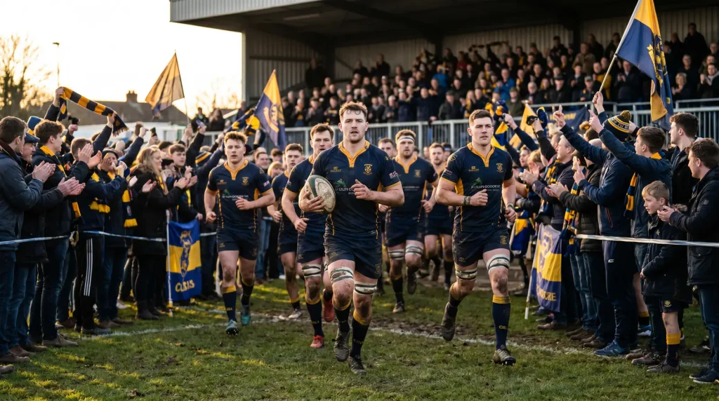 Rugby home crowd roaring support behind team running out