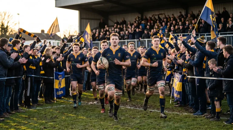Rugby home crowd roaring support behind team running out