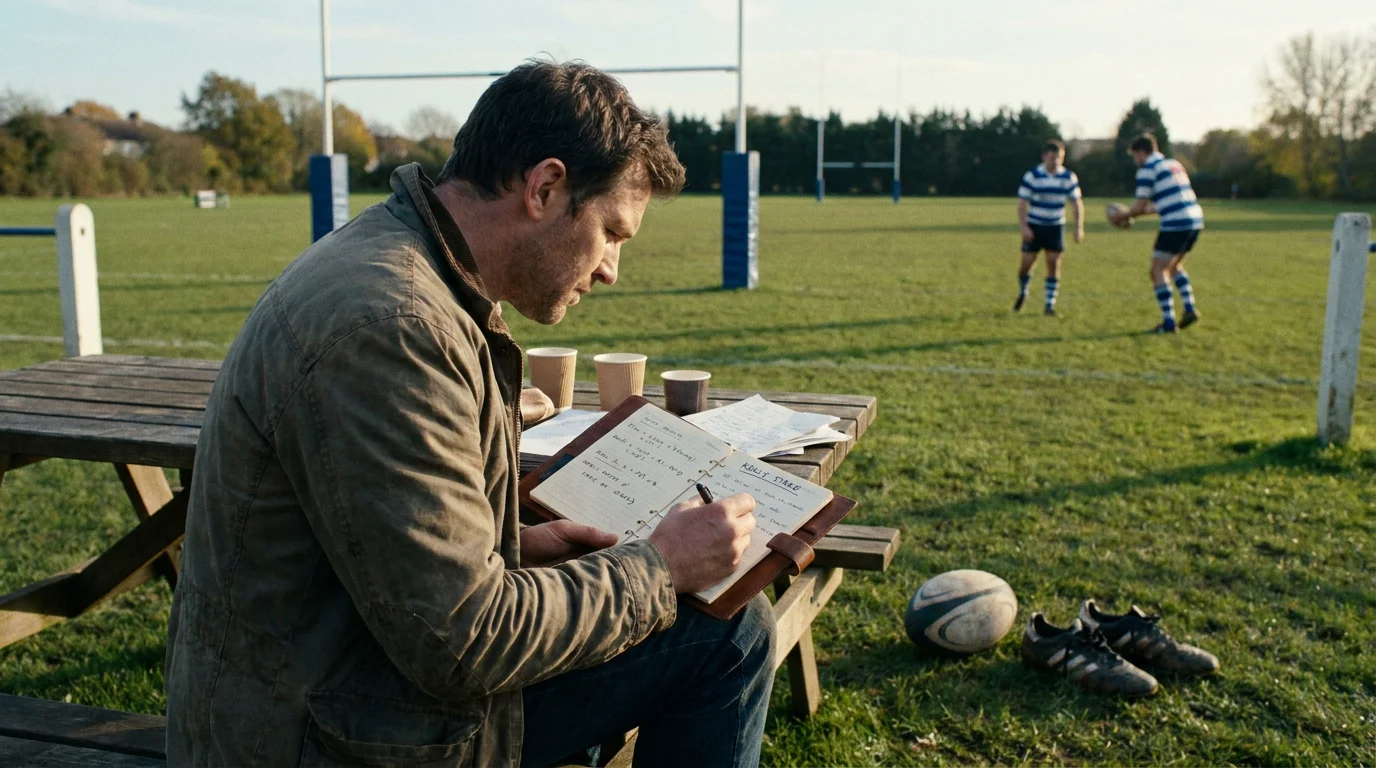 Rugby bettor calculating fractional Kelly stake in a notebook