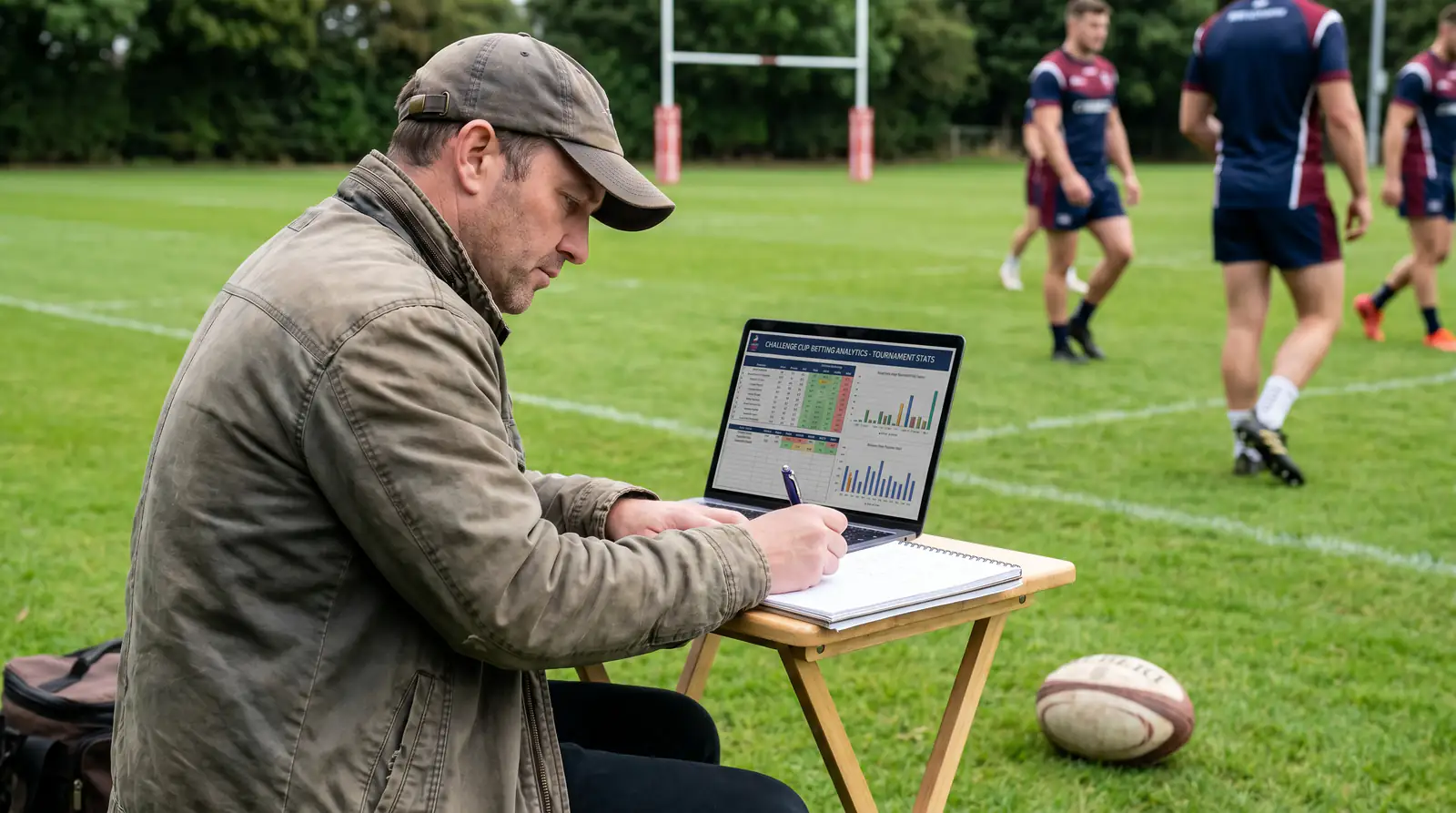 Rugby league analyst writing notes alongside laptop with tournament data