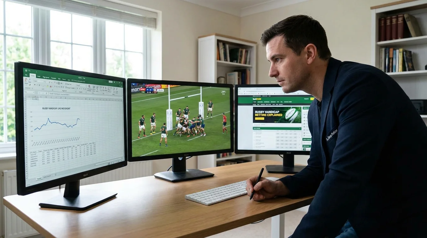 Sharp bettor watching rugby line movement on multiple monitors