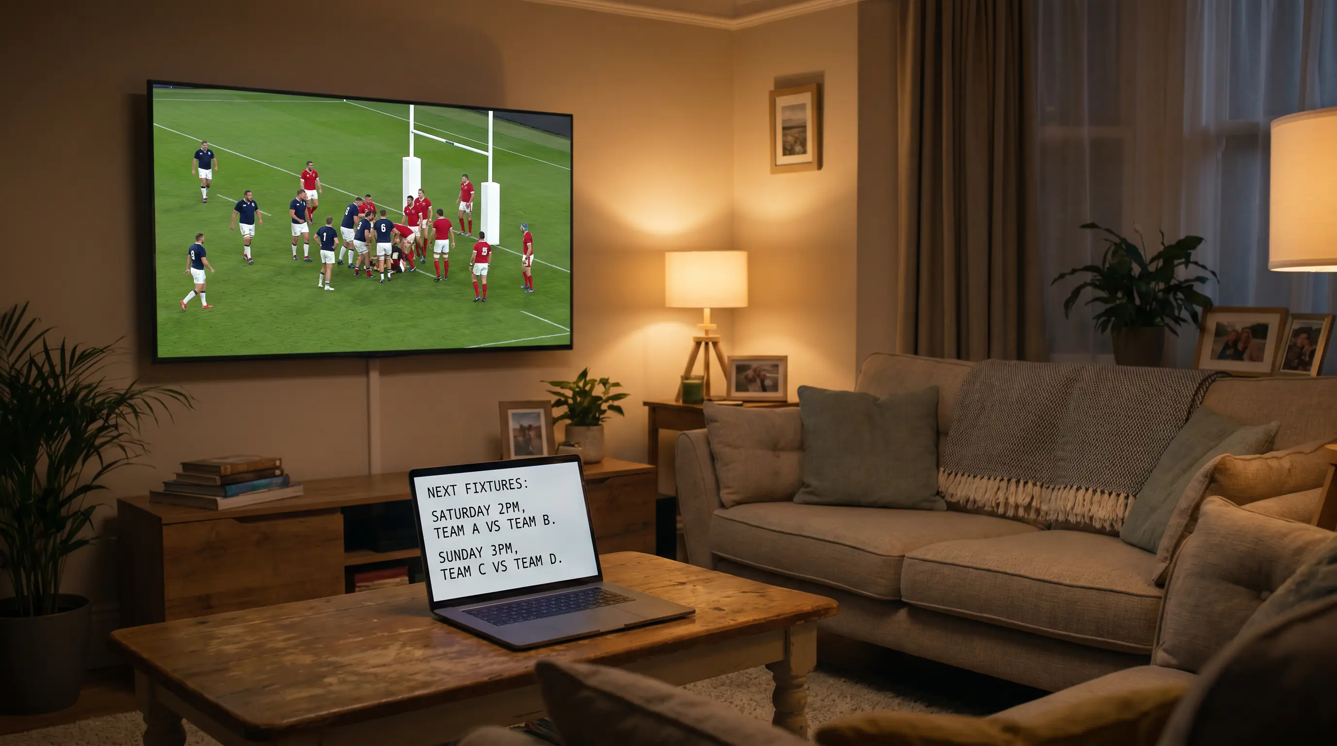 Home rugby viewing setup with a live rugby union match playing on a wall-mounted television and a laptop on a sofa table
