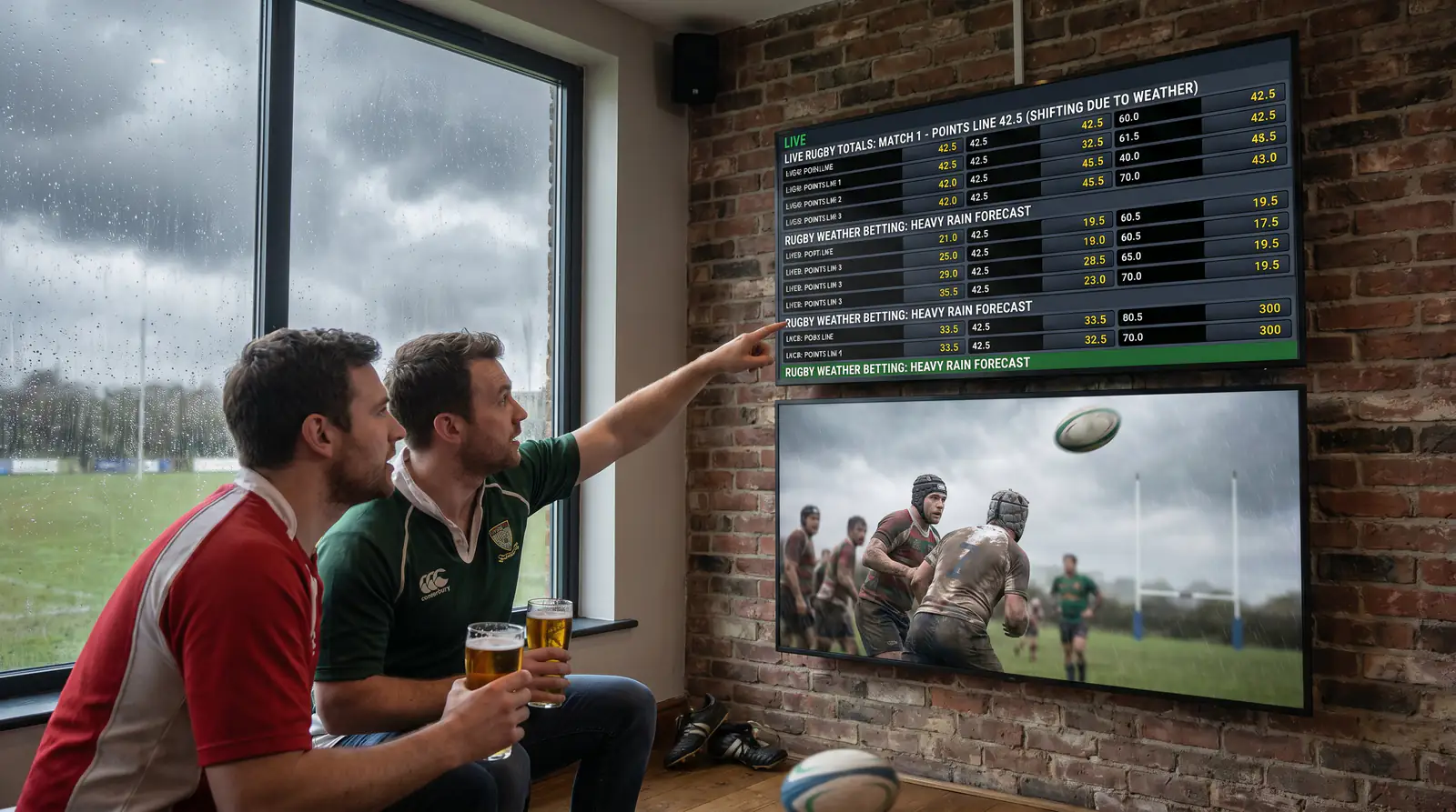Live rugby totals line shifting on betting screen as weather changes