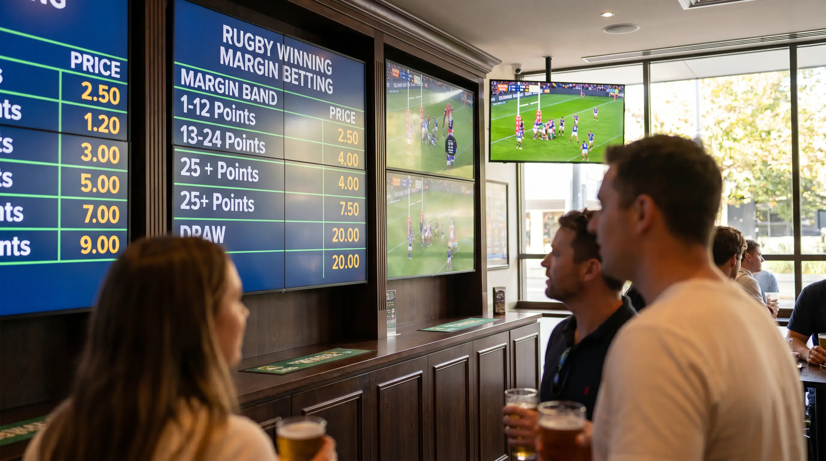 Rugby winning margin band prices listed on sportsbook display