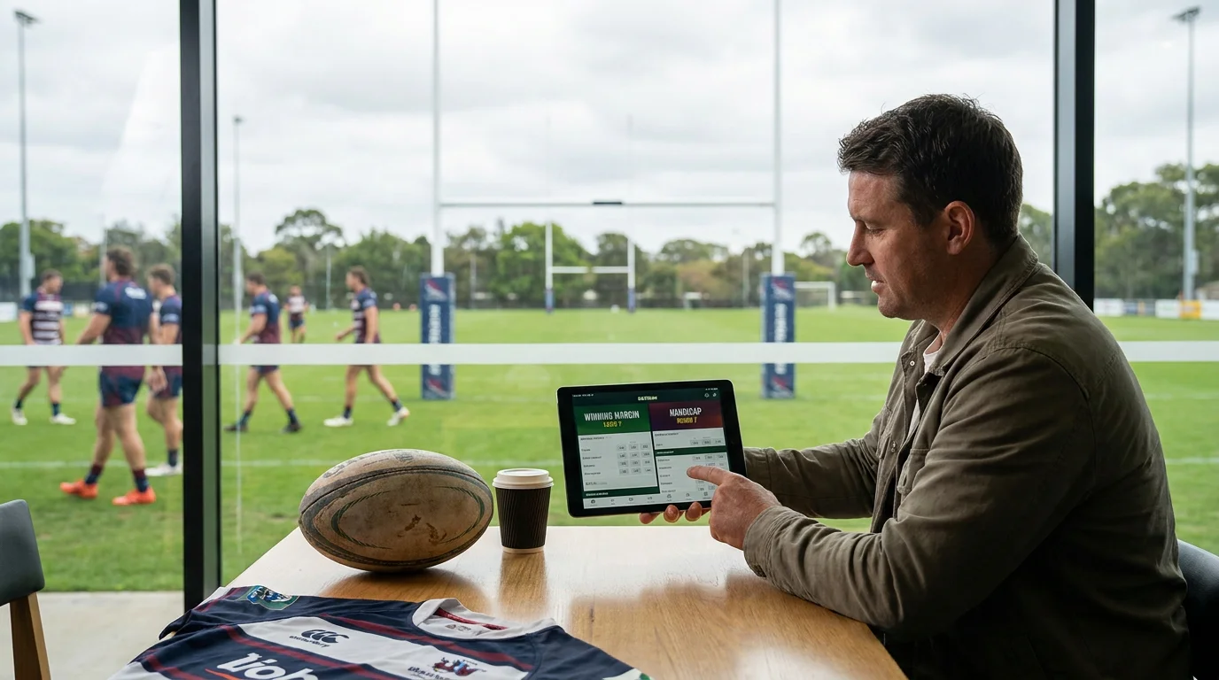 Rugby bettor comparing winning margin and handicap markets on tablet