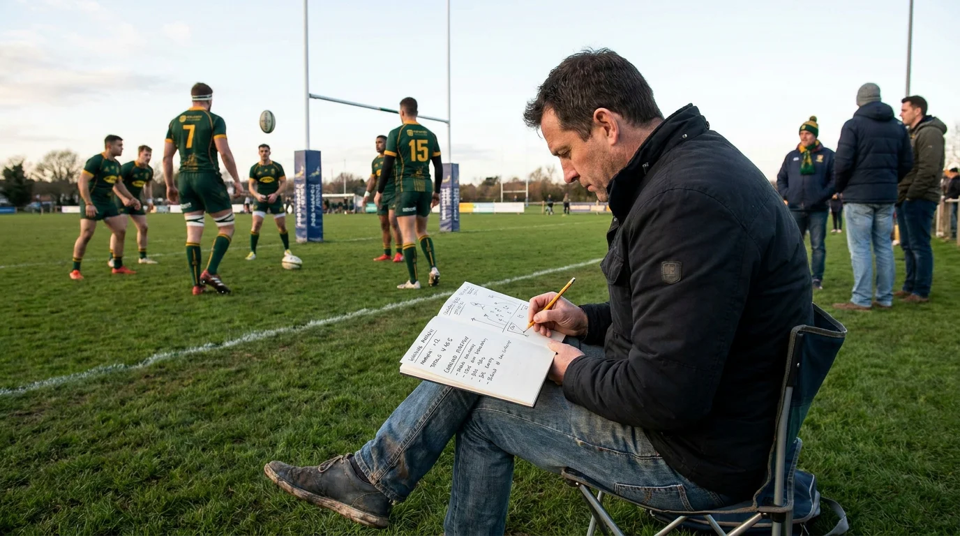 Rugby bettor sketching combined margin and totals strategy on paper