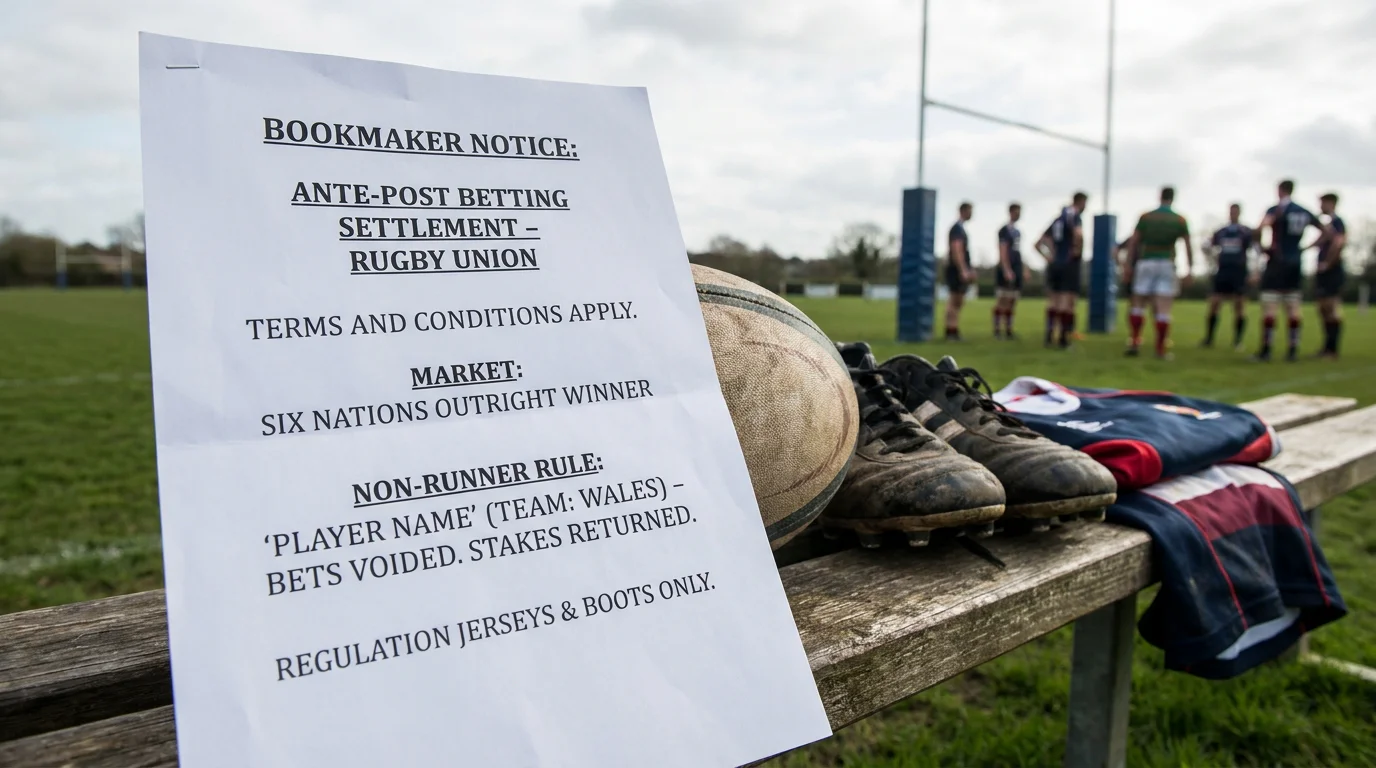 Bookmaker non-runner settlement notice for rugby outright bet