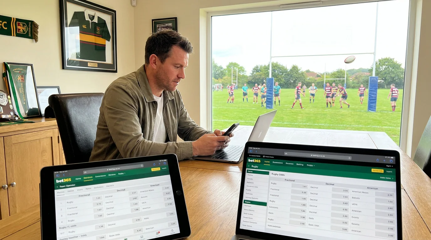 Rugby bettor comparing odds formats across multiple operator screens