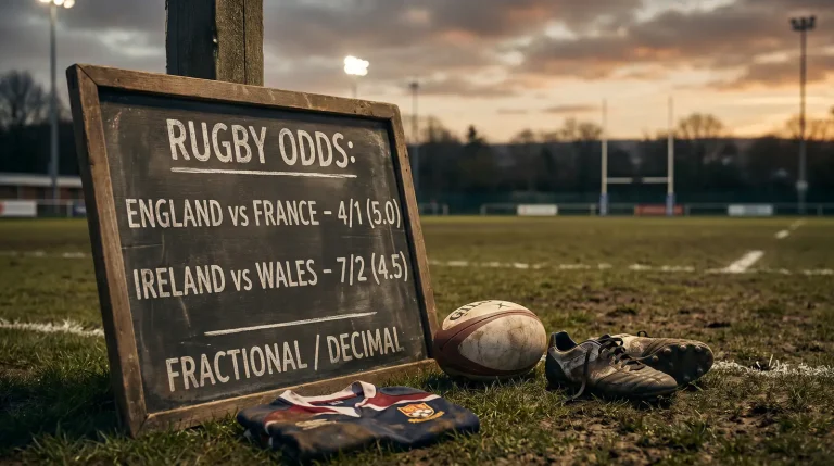 Rugby odds shown in fractional and decimal formats on display board