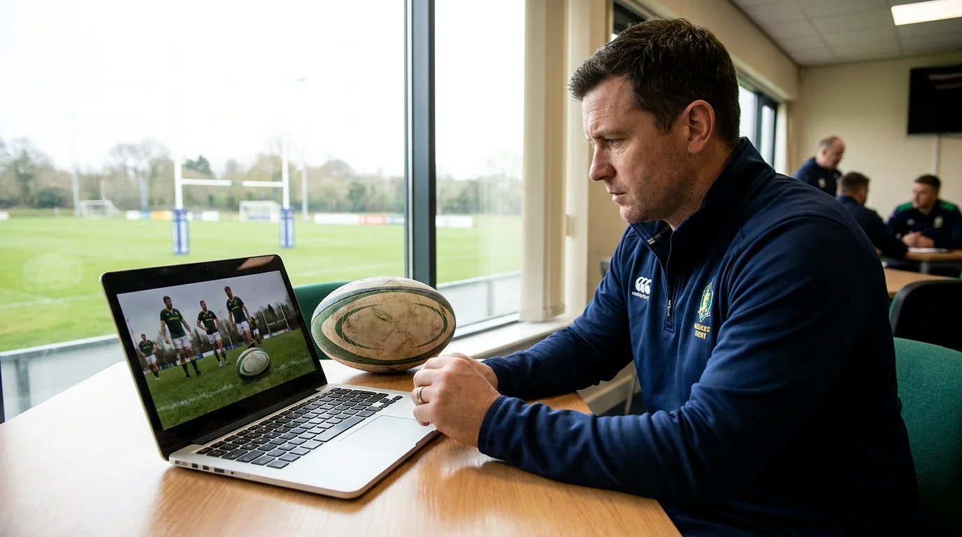 Coach reviewing opening ten minutes tactical footage on laptop