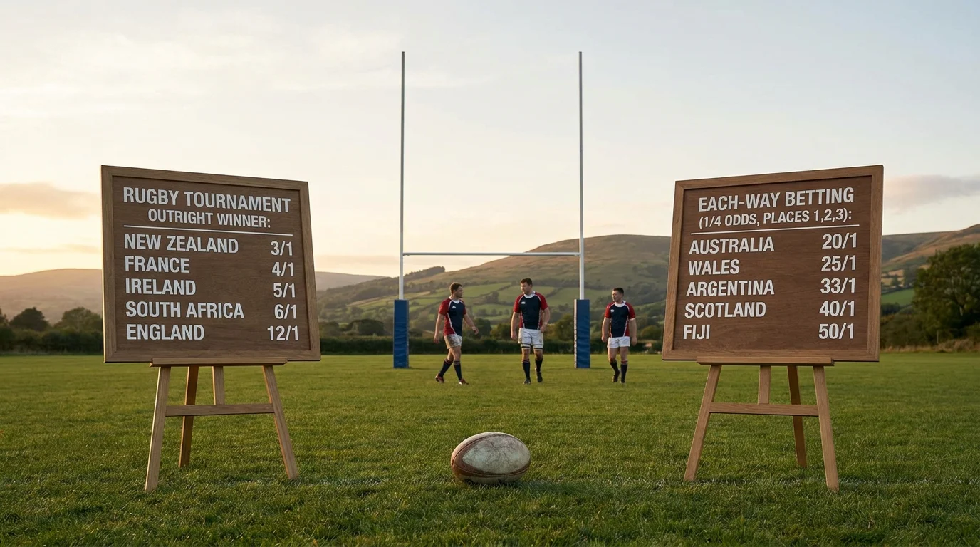 Rugby outright versus each-way pricing displayed for tournament
