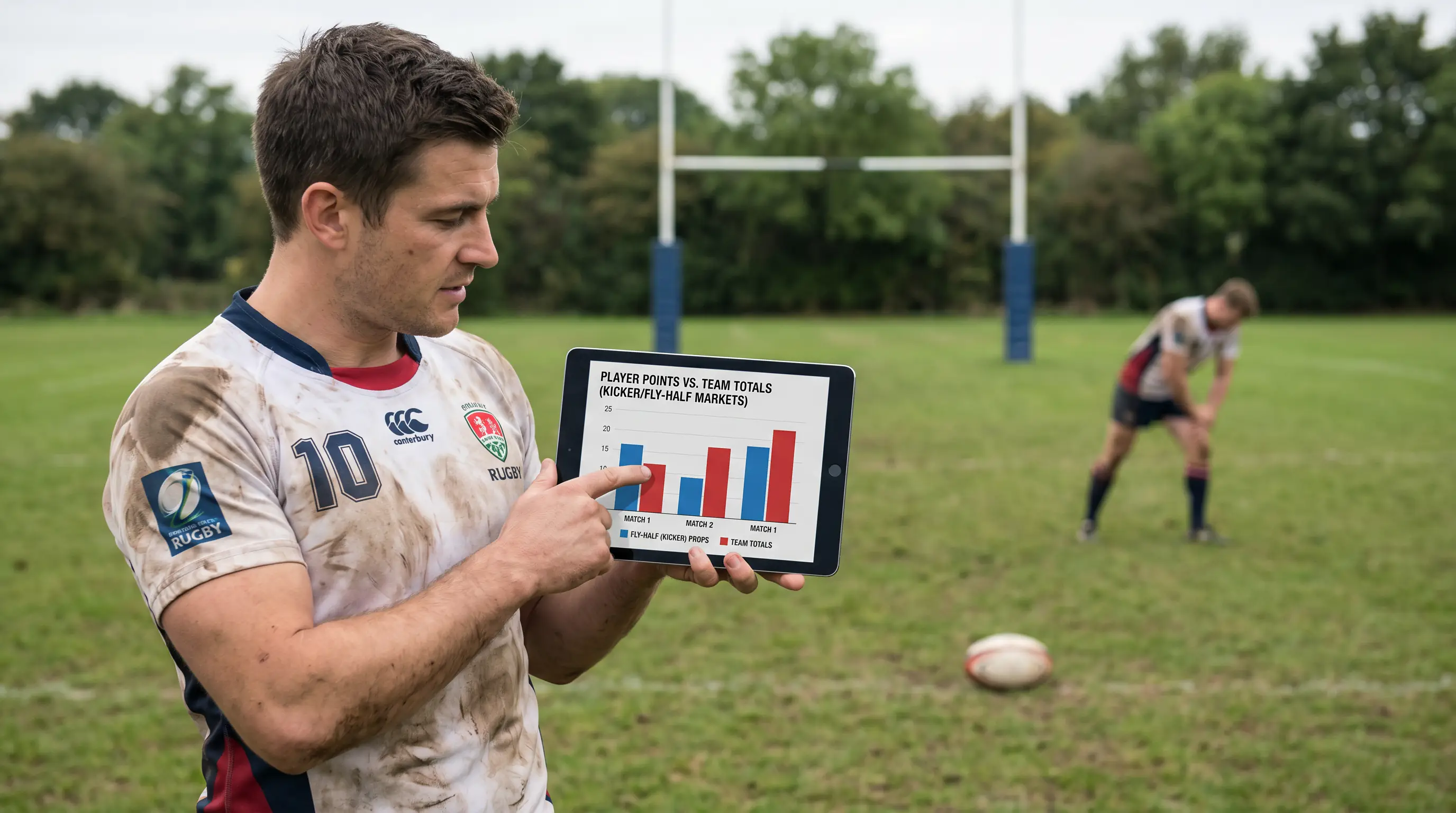 Rugby points by player versus team totals comparison on tablet