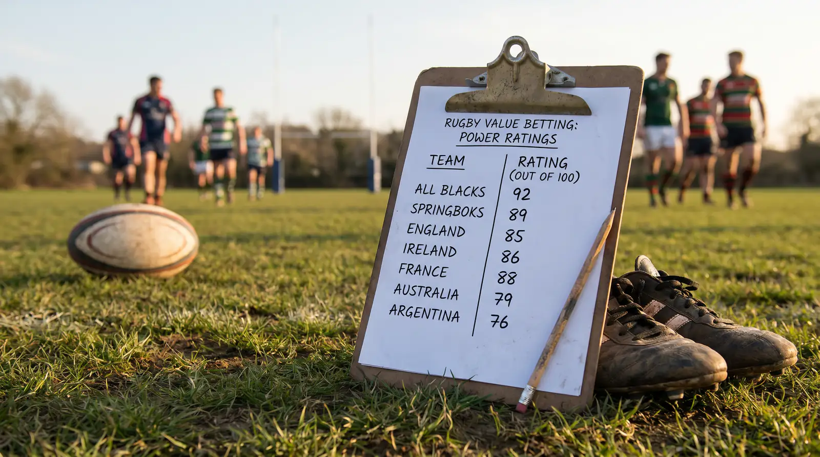Simple rugby power-rating sheet with team strengths listed