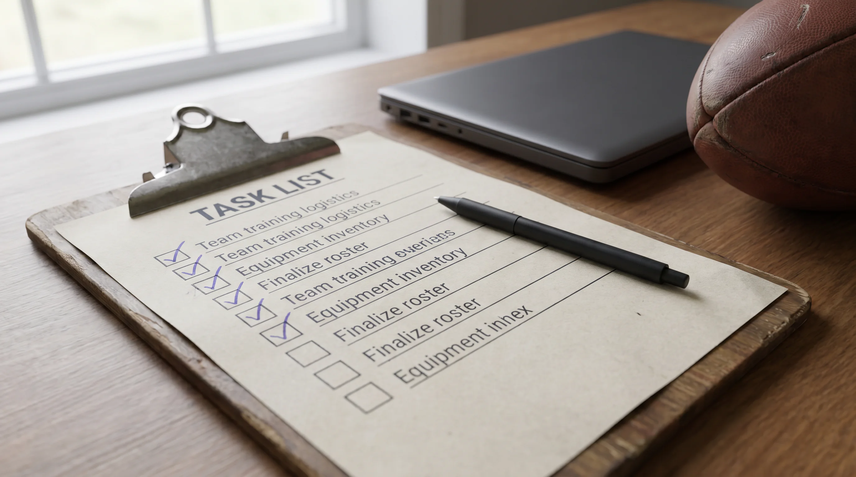 Clipboard with a tick-list of rugby pre-bet checks beside a laptop