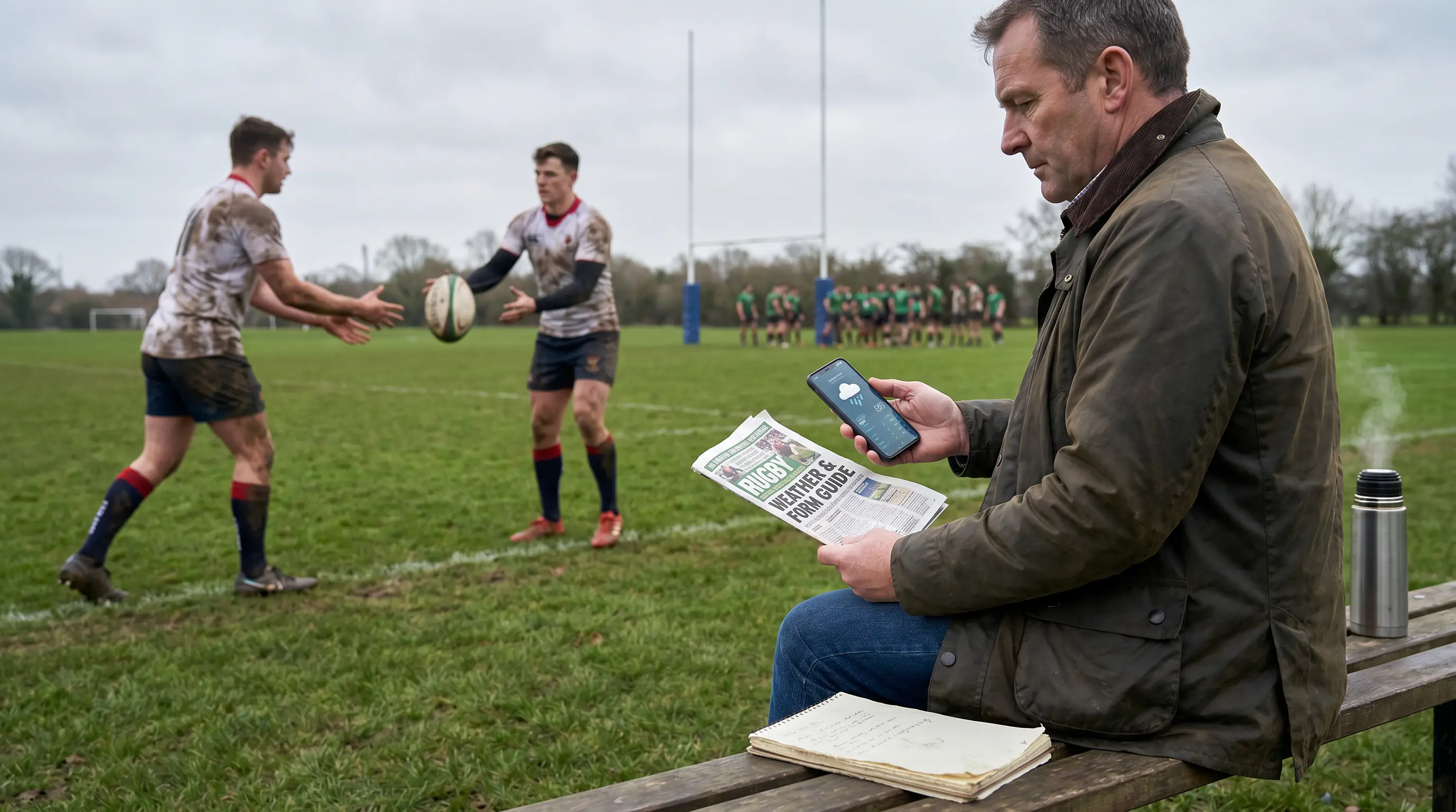 Rugby bettor checking pre-match weather forecast beside form guide