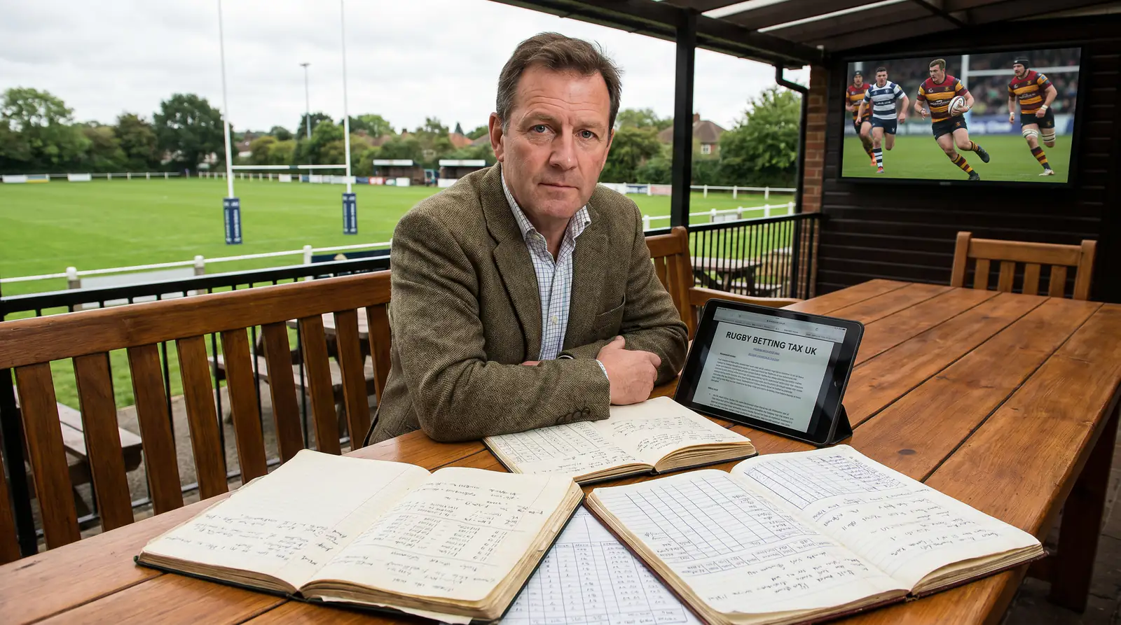 Professional rugby gambler reviewing meticulous betting records