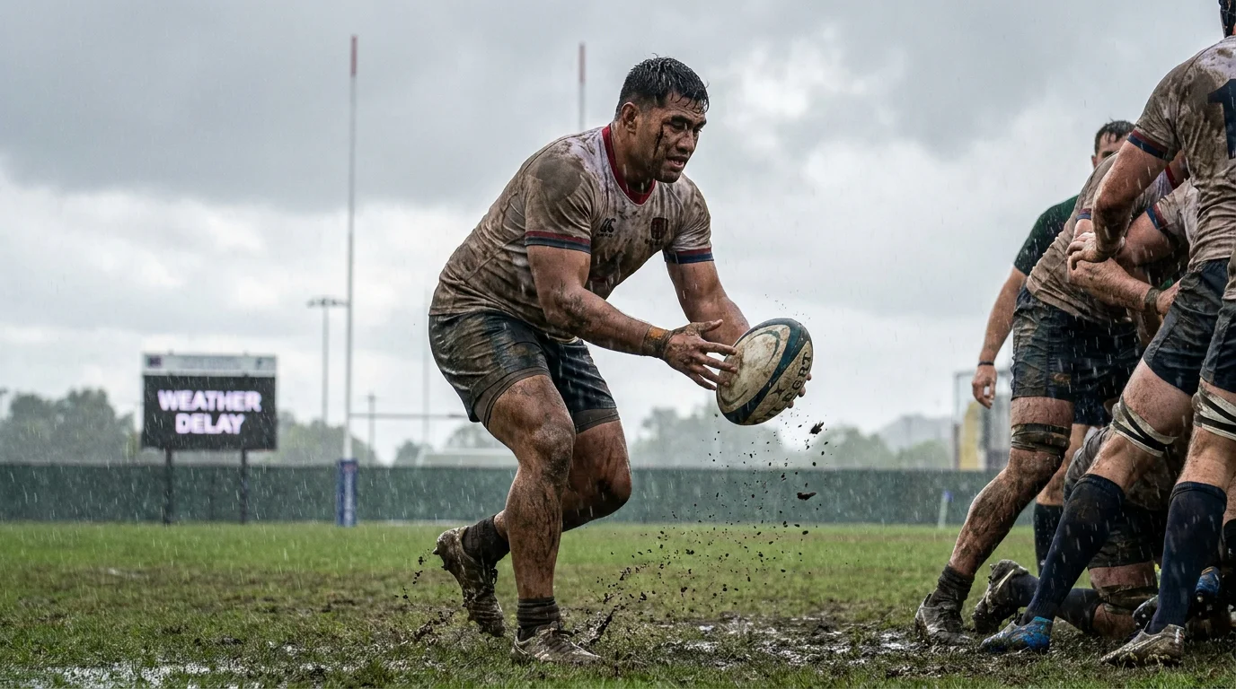 Rugby player spilling slick ball in heavy downpour