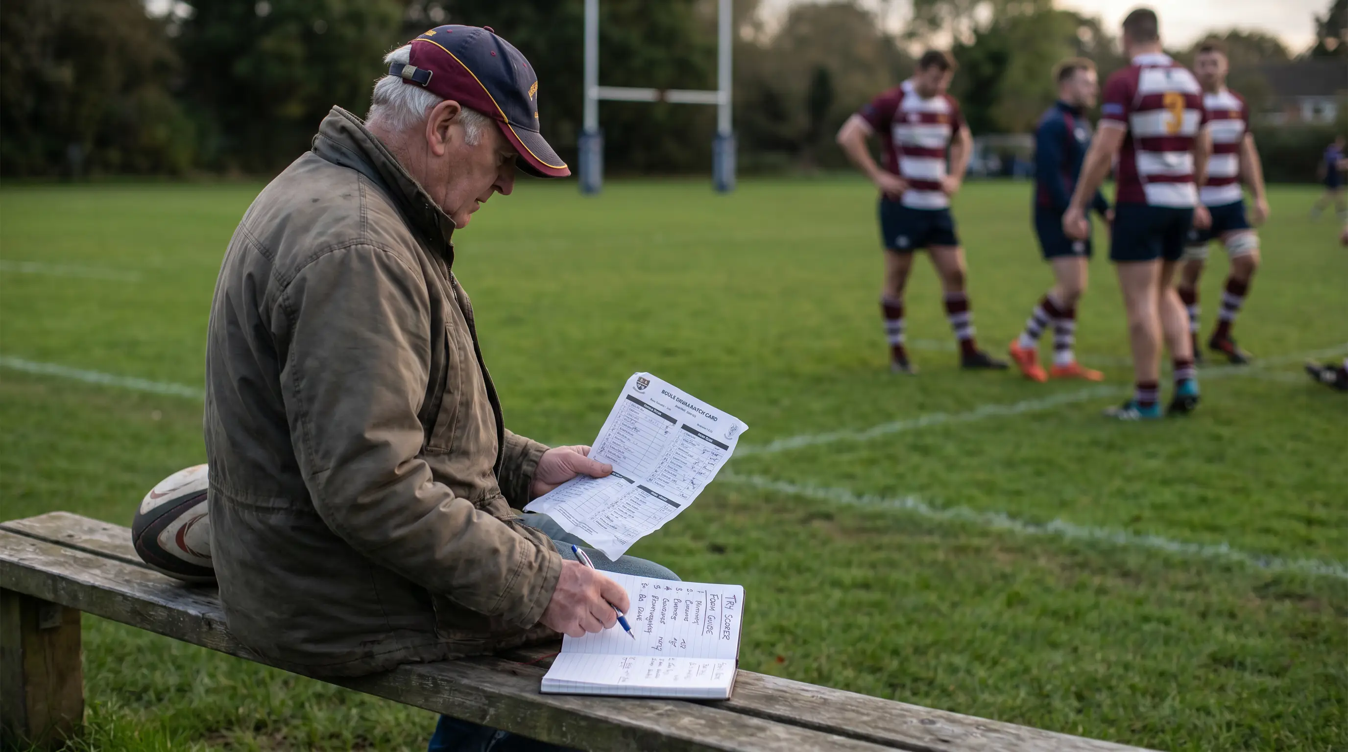 Rugby fan reviewing Saturday match card with notes and form guide