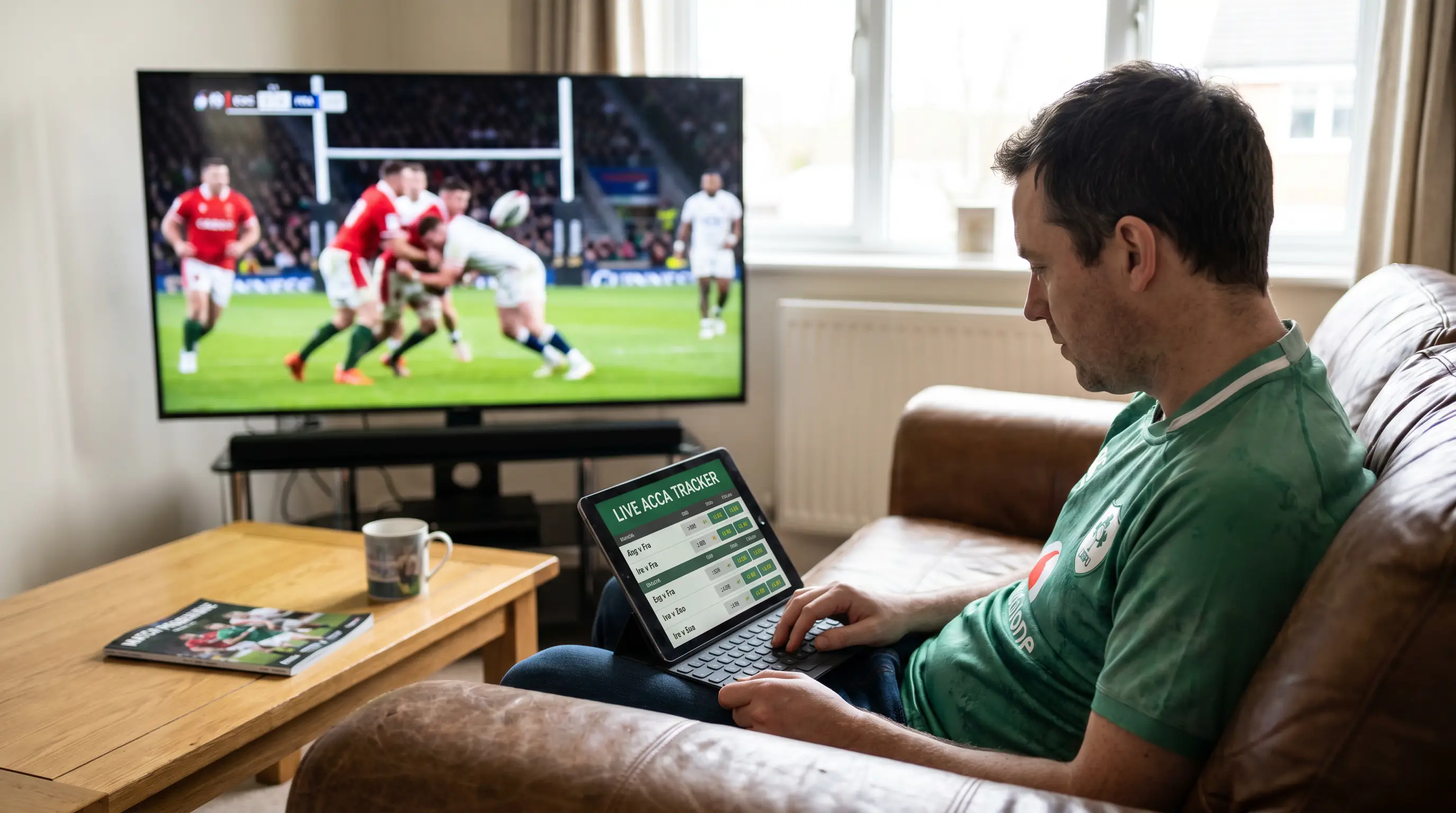 Rugby fan watching Six Nations weekend with acca tracker open