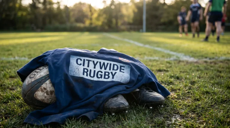 Rugby club shirt front showing fading sponsorship branding