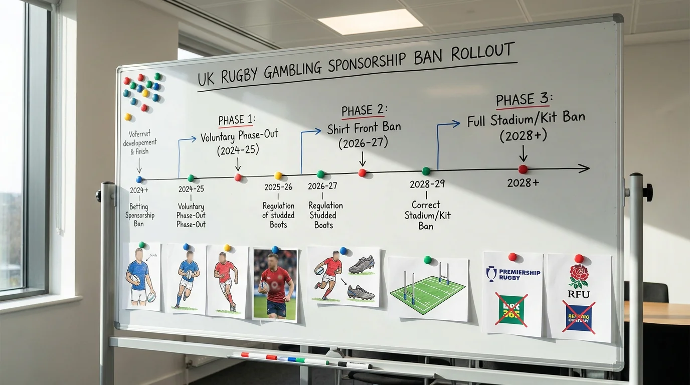 Rugby sponsorship ban rollout timeline on consultancy whiteboard