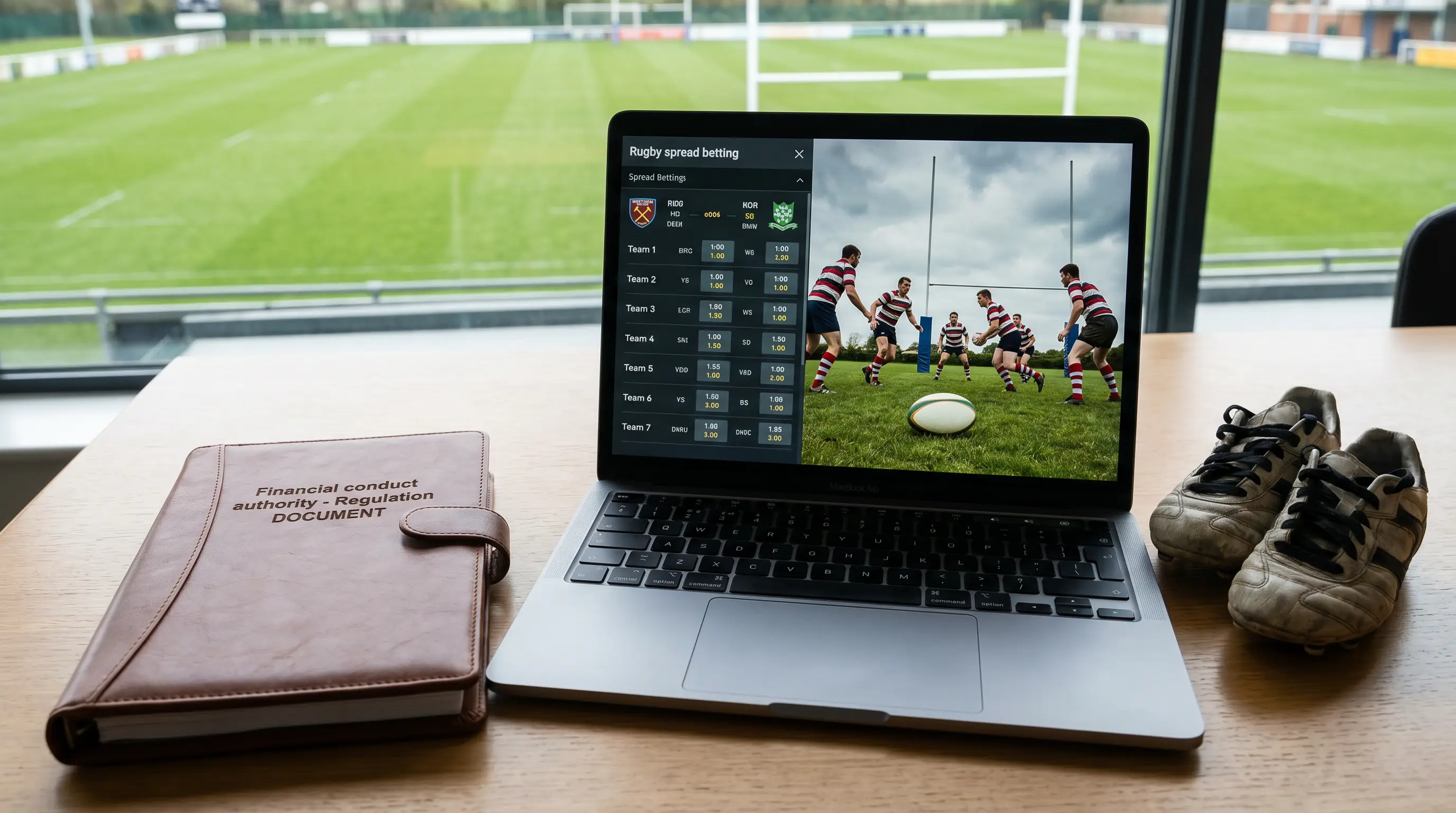 FCA regulation document beside rugby spread betting laptop screen