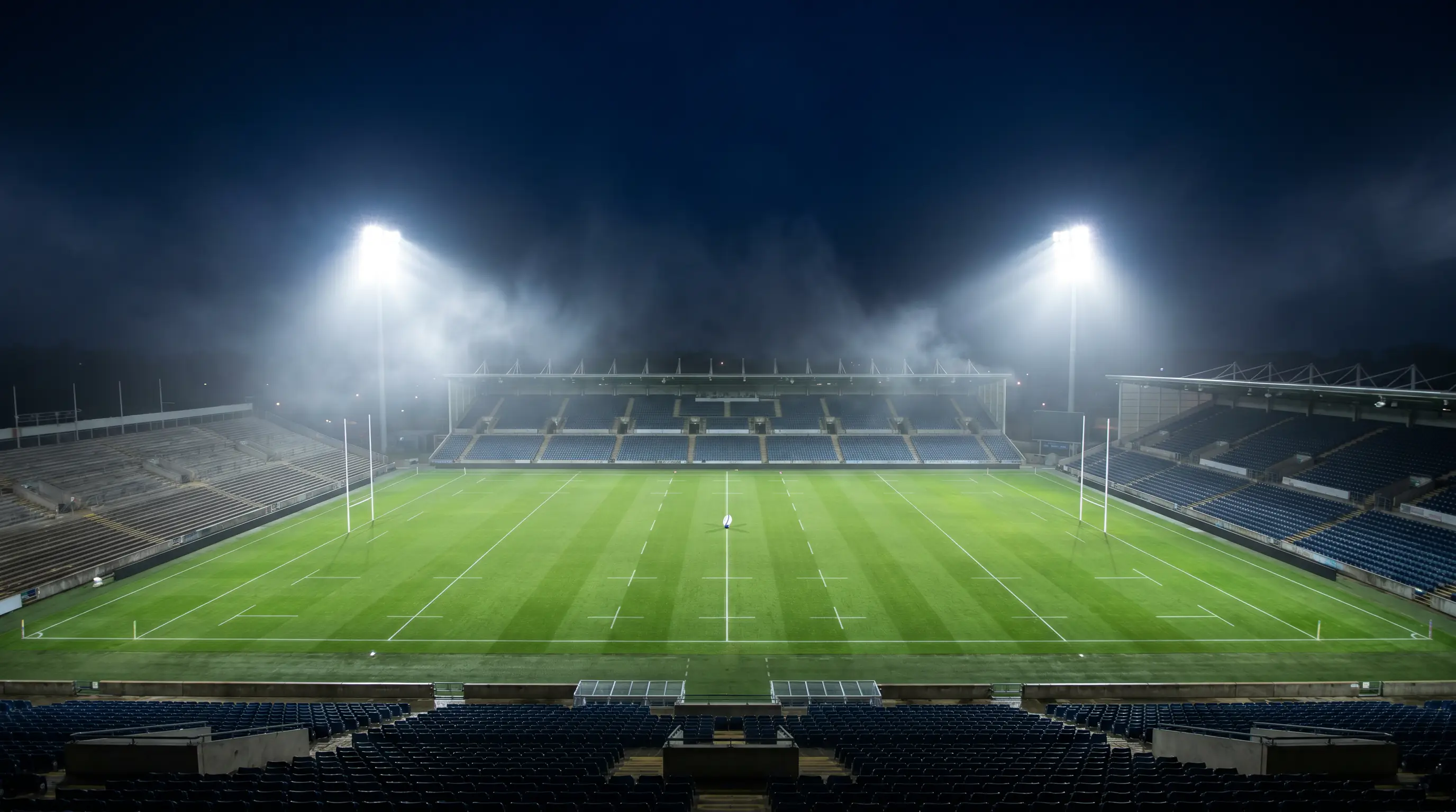 Empty rugby stadium under floodlights after a UK match
