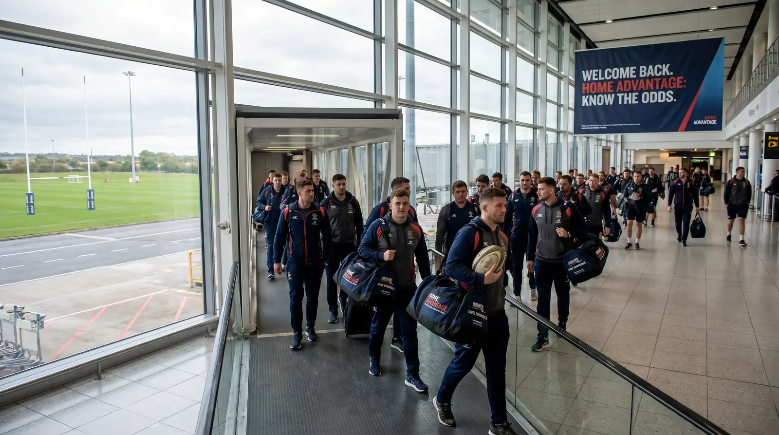 Rugby squad disembarking from long-haul flight with kit bags