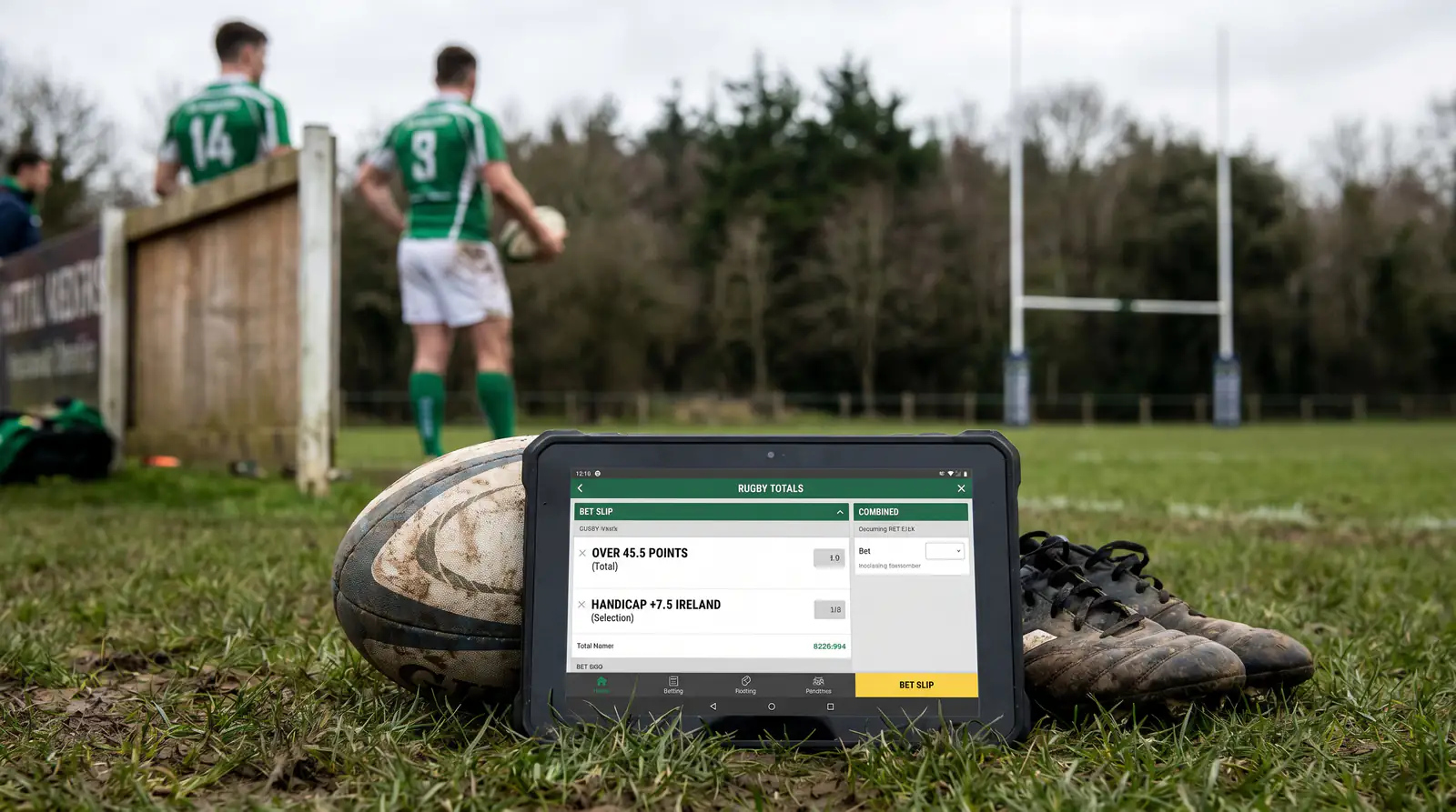 Combined rugby totals and handicap selection on betting slip tablet