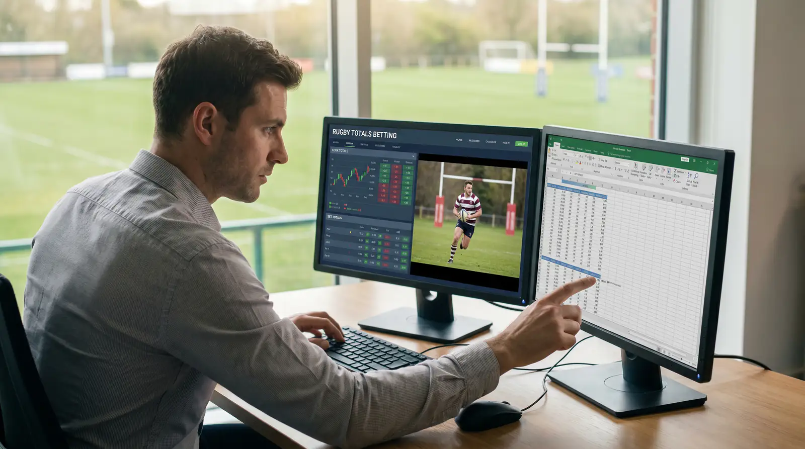 Rugby trader setting totals line at dual-screen workstation
