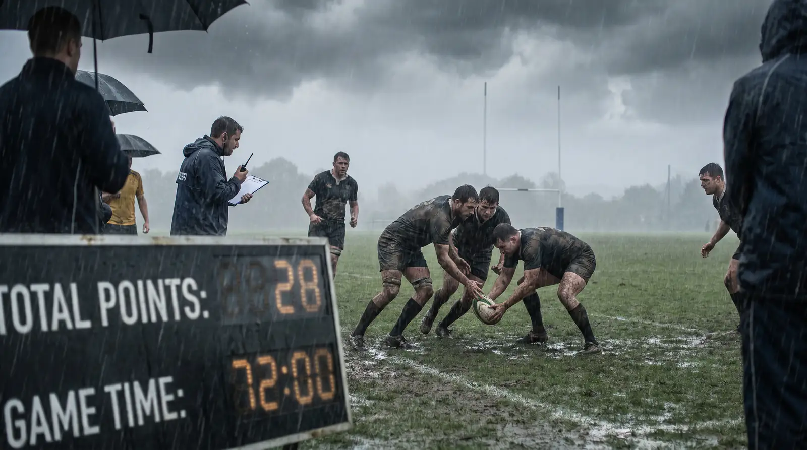 Rugby match played in heavy rain with reduced visibility on pitch