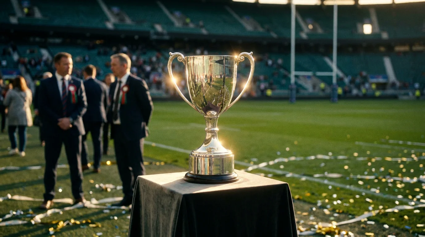 Rugby tournament trophy on a presentation plinth at pitchside before the championship presentation