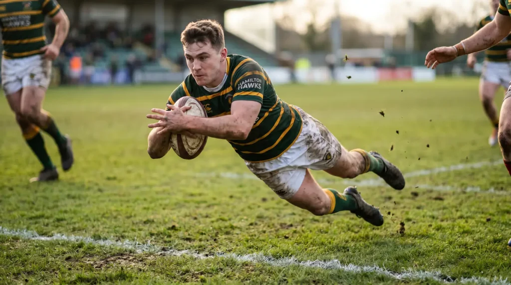 Rugby try scorer diving over the line with arms outstretched