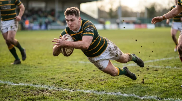 Rugby try scorer diving over the line with arms outstretched