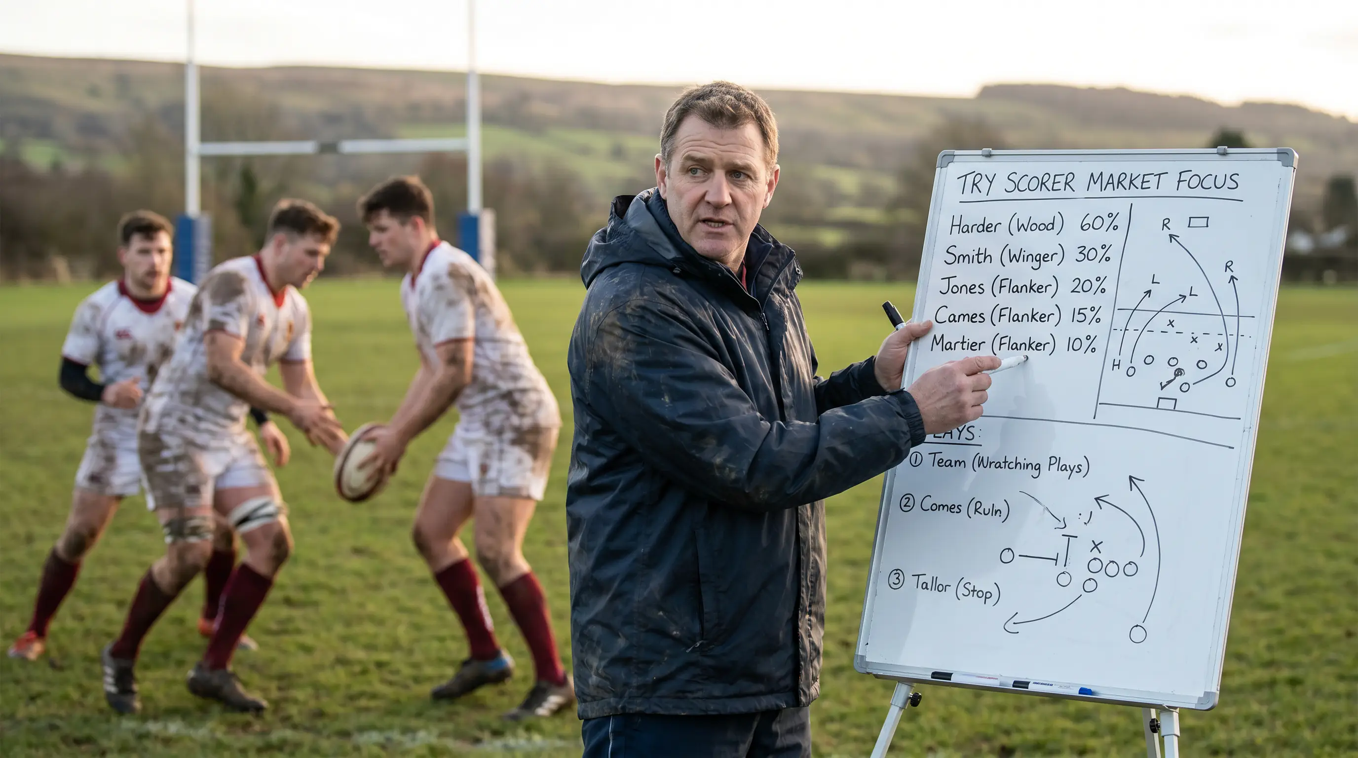 Rugby coach pointing to whiteboard with try scorer market notes