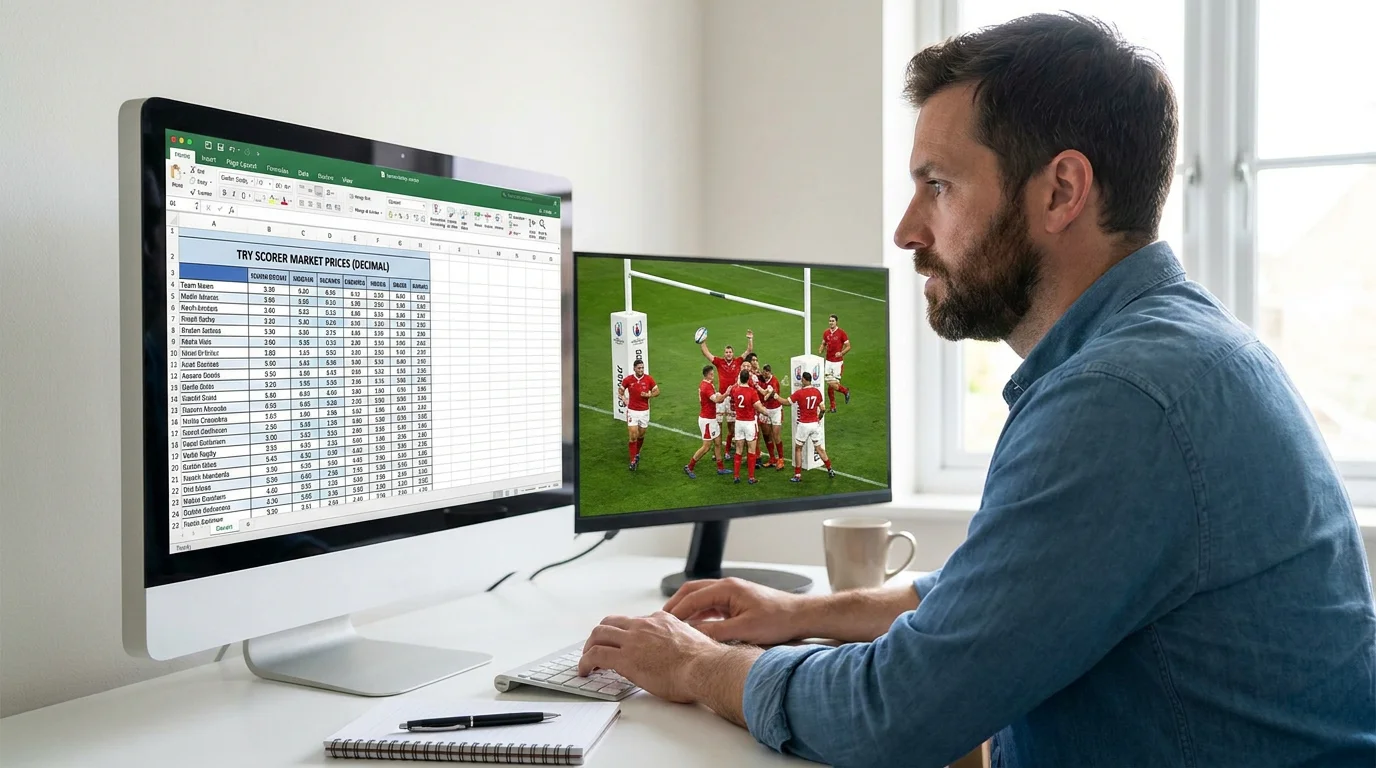 Analyst studying try scorer market prices on monitor with rugby footage