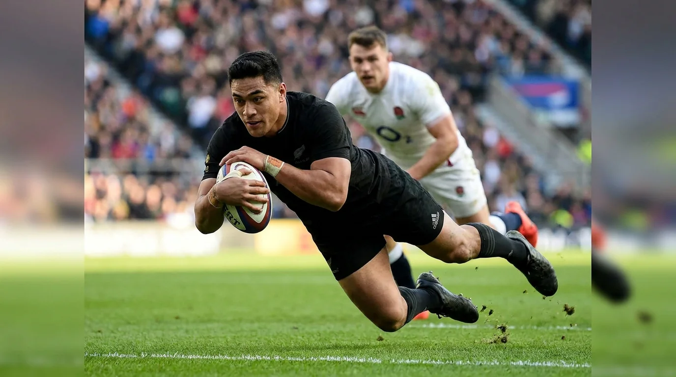 Rugby winger diving over the try line in a Premiership match