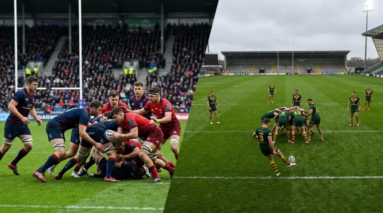 Rugby union and rugby league match action side by side showing fifteen-a-side and thirteen-a-side codes