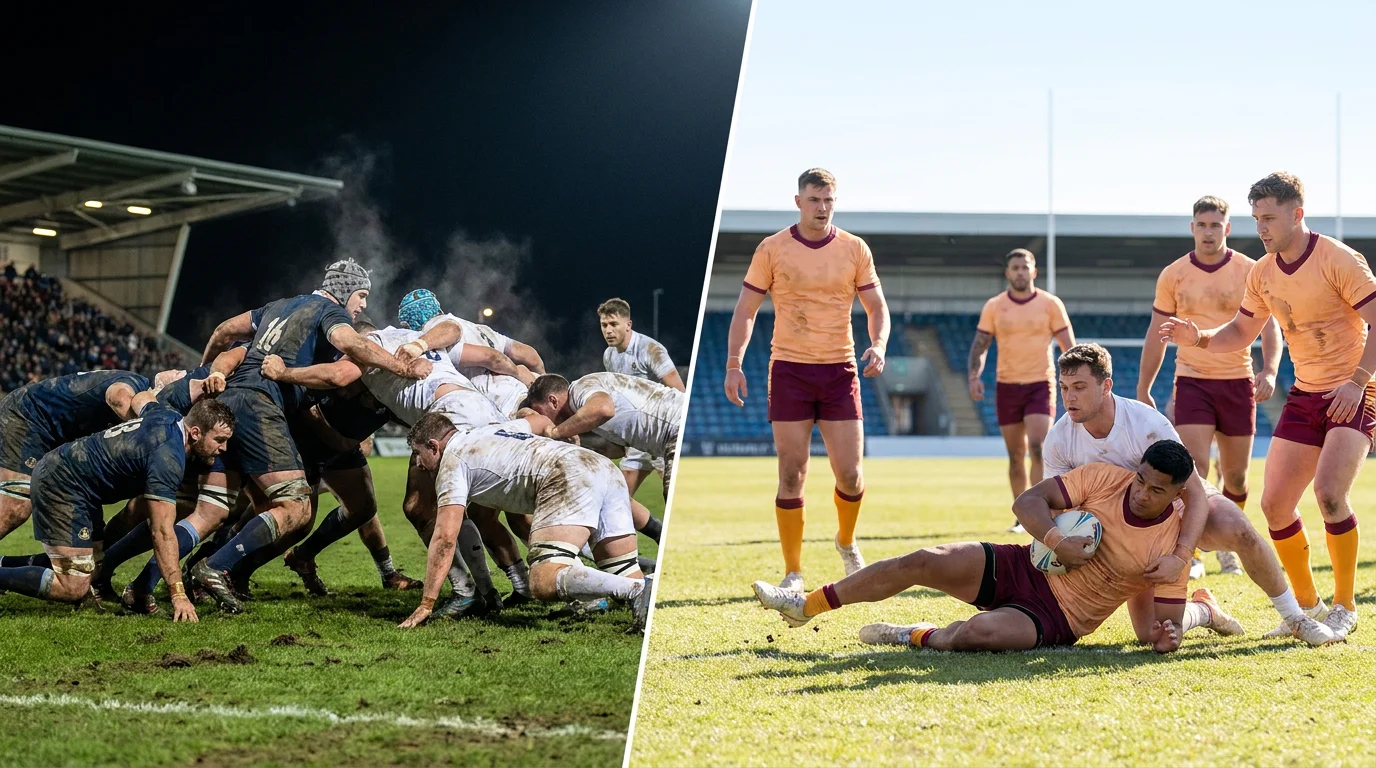 Side-by-side rugby union and rugby league match action