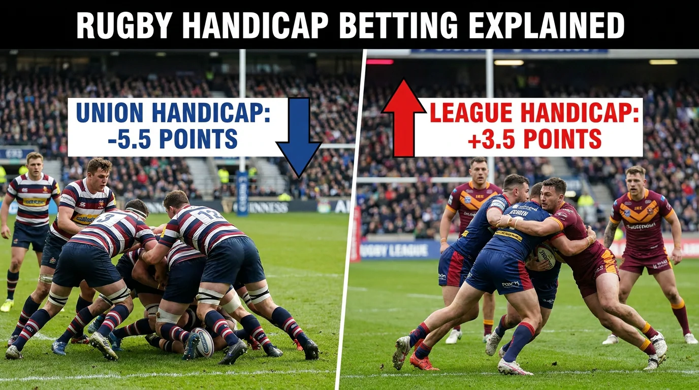Rugby union and rugby league match images side by side with handicap labels